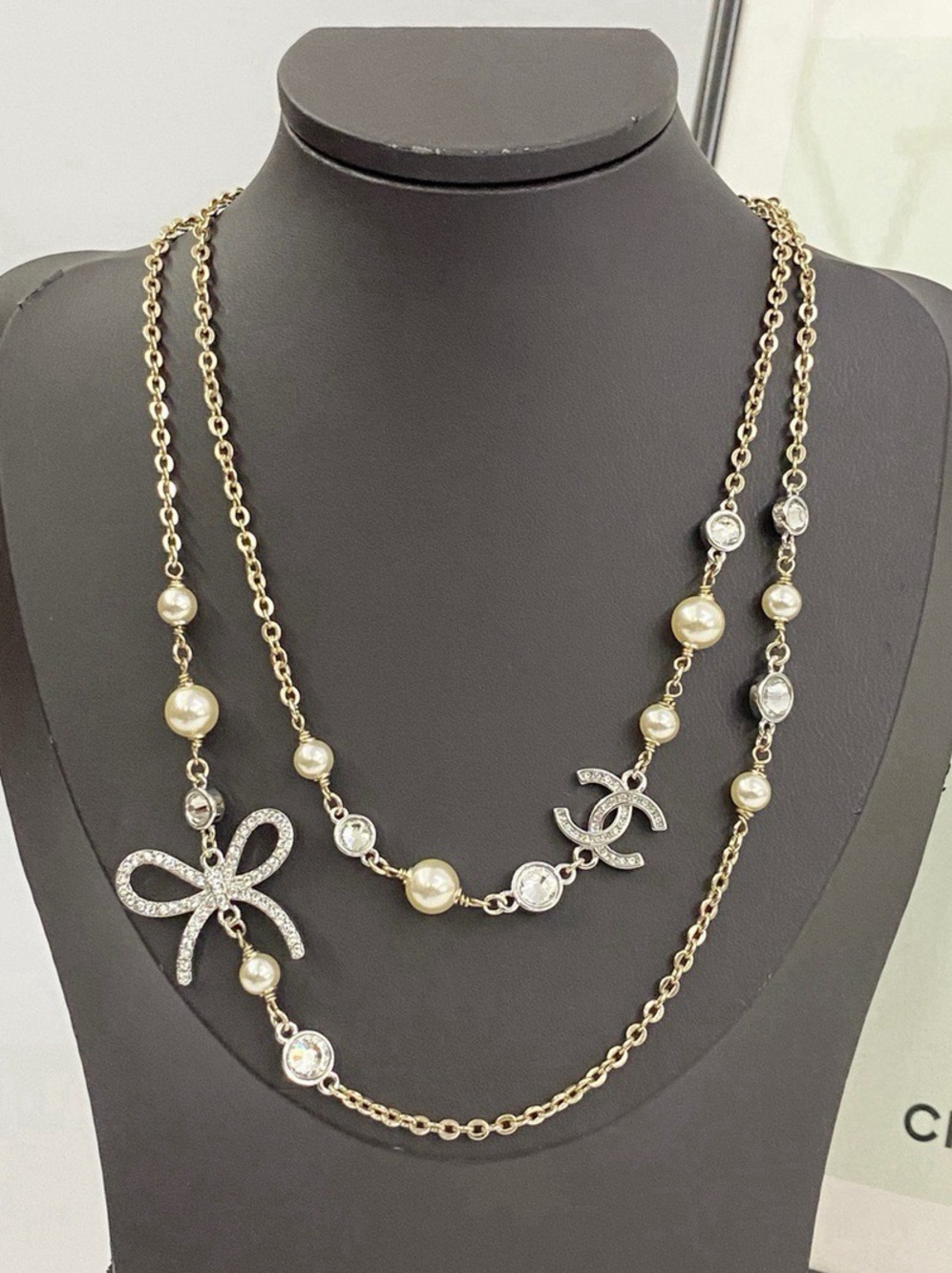 ✨Chanel Layered Gold-Tone Long Necklace with Crystal Bow & CC Logo